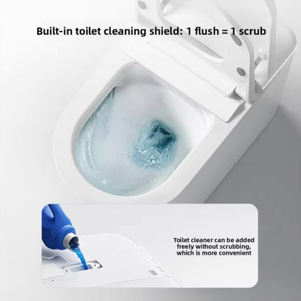Toilet with built-in cleaning shield and toilet cleaner being added, showing convenience of one flush equals one scrub.
