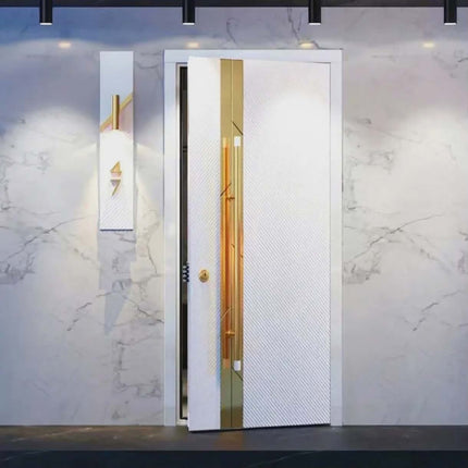 Modern white door with gold handle and lock on a marble wall background