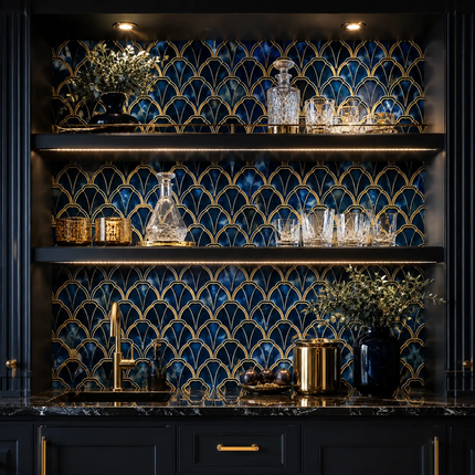 A luxury kitchen bar area featuring a dark navy and gold scalloped tile backsplash, illuminated by warm under-shelf lighting. The shelves are styled with crystal decanters, glasses, and vases of flowers, set against dark wood cabinetry with gold handles.