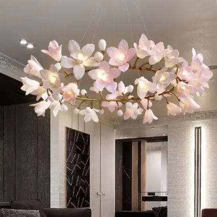 Floral chandelier hanging in a modern living room