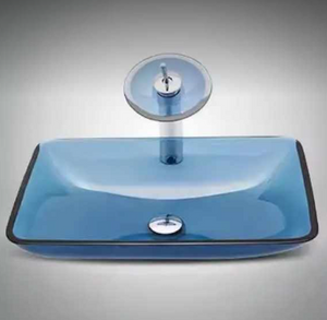 Modern Luxury Blue Glass Bathroom Sink – Rectangular Countertop Vessel Basin with Waterfall Faucet