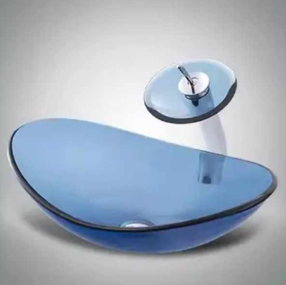Modern Luxury Blue Glass Oval Vessel Sink – Countertop Bathroom Basin with Waterfall Faucet