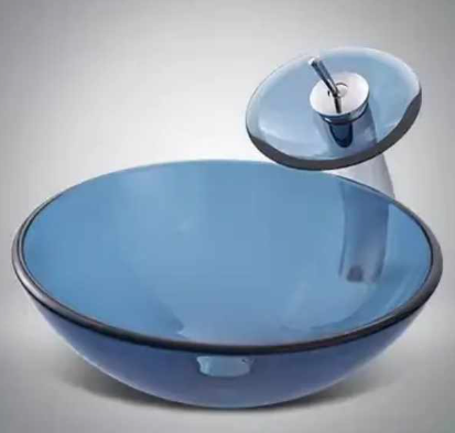Modern Luxury Blue Glass Round Vessel Sink – Countertop Bathroom Basin with Waterfall Faucet