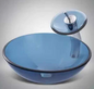 Modern Luxury Blue Glass Round Vessel Sink – Countertop Bathroom Basin with Waterfall Faucet