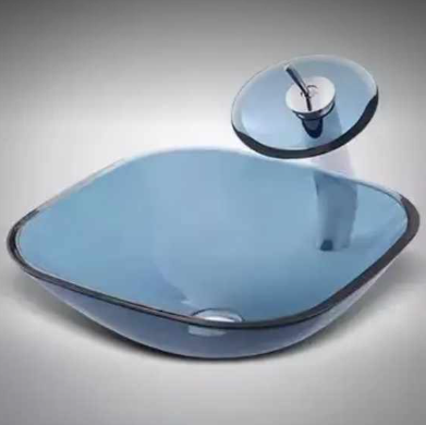 Modern Luxury Blue Glass Vessel Sink – Round Countertop Basin with Waterfall Faucet for Bathrooms