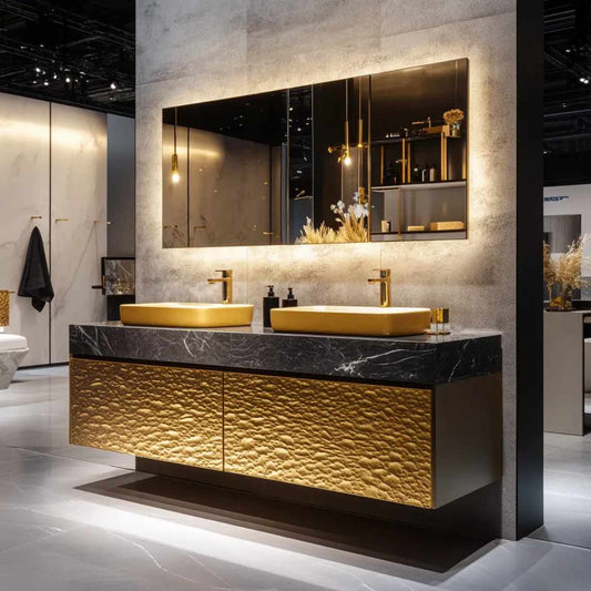 Luxury Modern Gold Double Sink Bathroom Vanity Cabinet Set | Elegant Bathroom Vanity Furniture with Storage