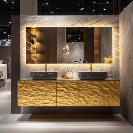 Luxury Modern Gold Double Sink Bathroom Vanity Cabinet Set | Elegant Bathroom Vanity Furniture with Storage