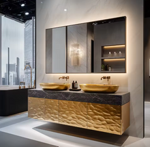 Cargar imagen en el visor de la galería, Luxury Modern Gold Double Sink Bathroom Vanity Cabinet Set | Elegant Bathroom Vanity Furniture with Storage
