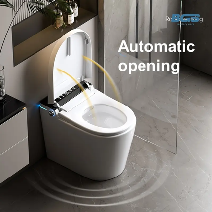 Modern toilet with automatic opening feature in a bathroom setting