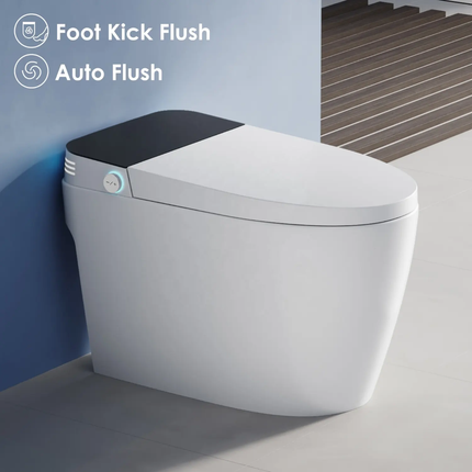 Modern toilet with foot kick and auto flush features in a bathroom setting.