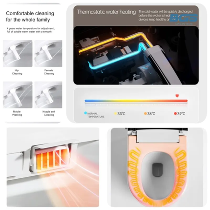 Product display with features of a toilet seat including cleaning functions and temperature control.