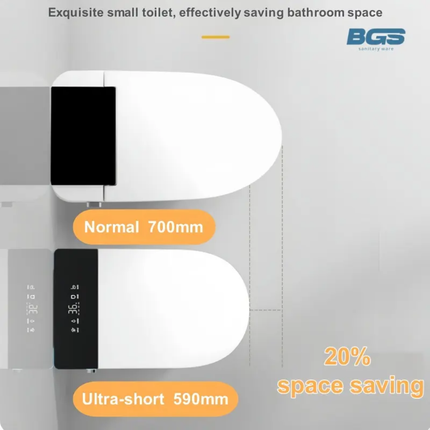 Ultra-short toilet design with space-saving feature on a gray background, featuring BGS logo.