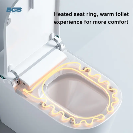Toilet with heated seat ring illuminated, featuring BGS branding.