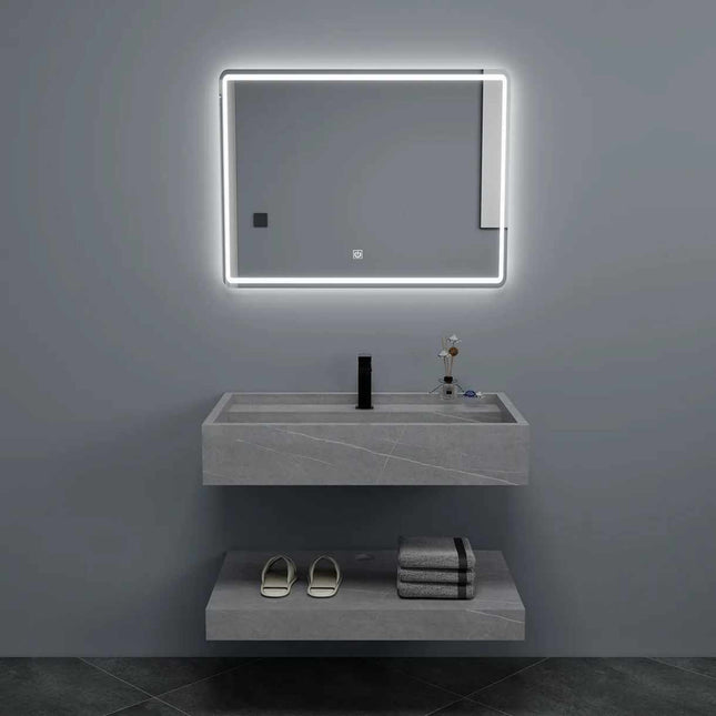 Retro-Style Rectangular Integrated Basin Vanity – Water-Resistant Rock Slab & Smart Mirror