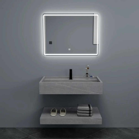 Retro-Style Rectangular Integrated Basin Vanity – Water-Resistant Rock Slab & Smart Mirror