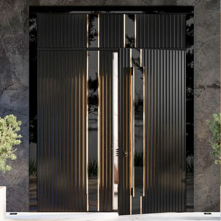 Modern metal gate with vertical slats on a stone wall background