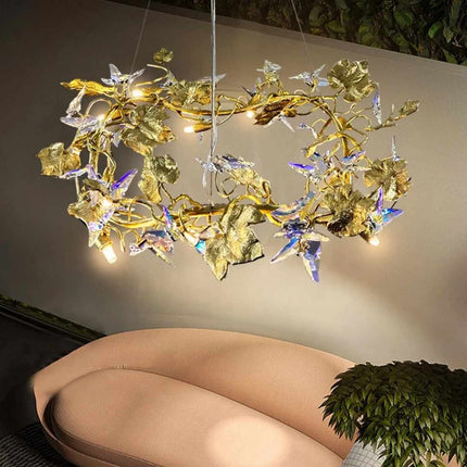 Sculptural  Butterfly Bloom Chandelier Design Whimsical Fusion of Crystal Wings and Golden Leaves Illuminating Elegance and Natural Charm in a Modern Dining Space Delicate Light Dances