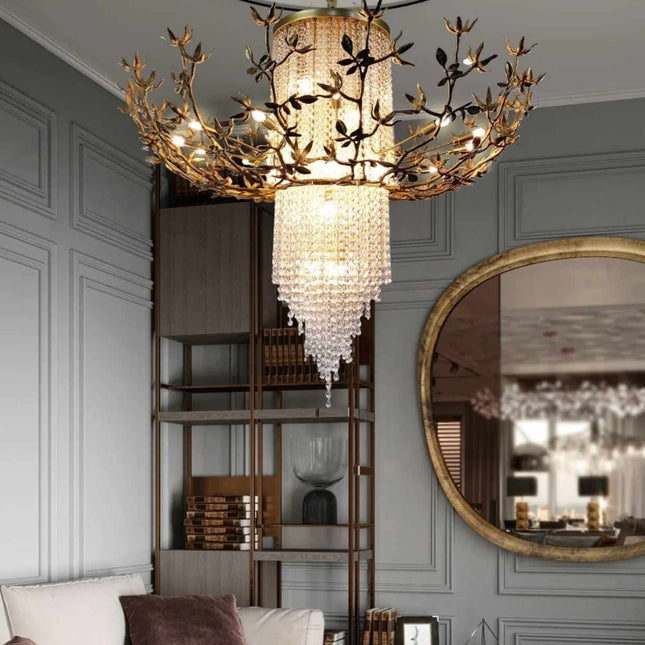 Gilded Bloom Cascade and Large Branch Nordic Creative Brass  A Two-Tiered Crystal Chandelier with Golden Branch Halo