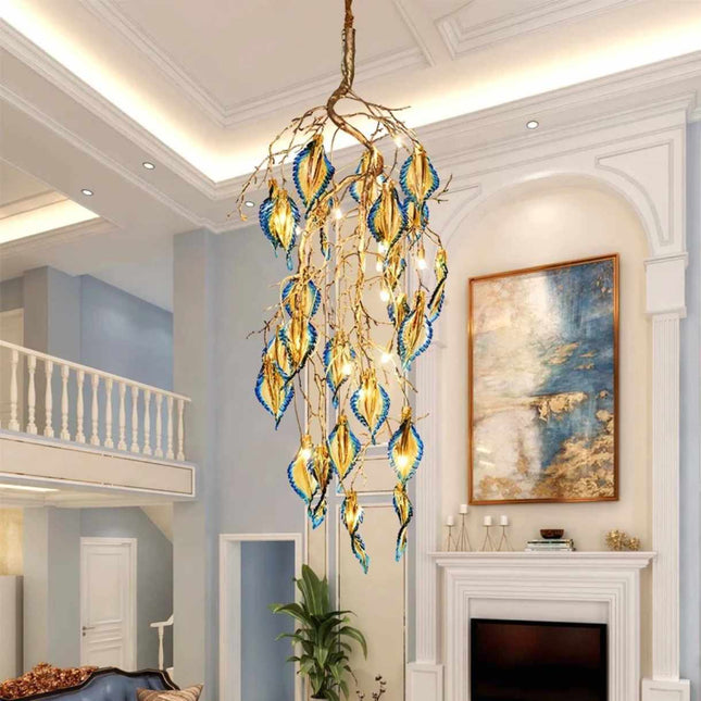 Azure Leaf A Sculptural Chandelier with Blue-Tipped Petals and Golden Branches Illuminating Elegance in a Grand Foyer
