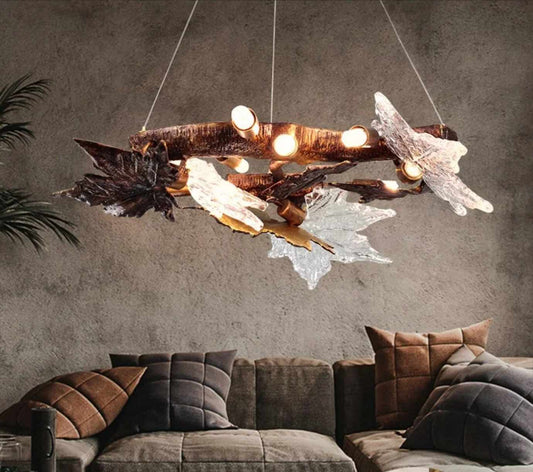 Rustic Leaf Halo A Modern Chandelier with Textured Branches and Frosted Glass Leaves Illuminating Natural Elegance Warm Light Filters