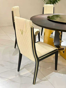 Luxury Round White and Gold Leather Wood Versace Medusa Dining Table & Chairs with revolving tray: Luxury Italian Design for Elegant Dining Experiences