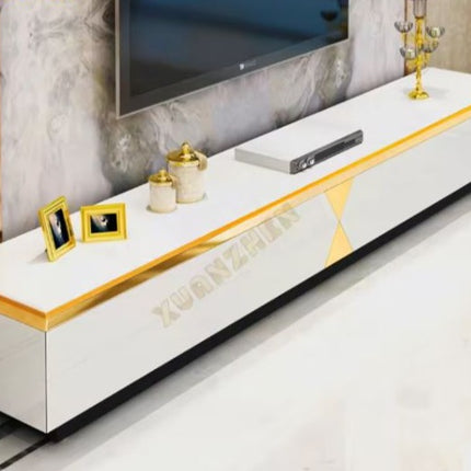 Ensemble de meuble de salon de luxe comprenant un meuble TV/table basse avec tiroirs et finitions en bois et métal. 