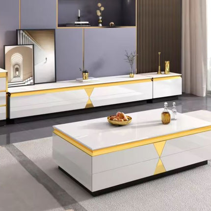 Ensemble de meuble de salon de luxe comprenant un meuble TV/table basse avec tiroirs et finitions en bois et métal. 