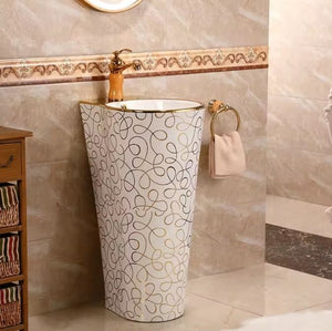 Sanitary Ware Single Faucet Gold Color Bathroom Ceramic Round Stand Alone Pedestal Wash Basin