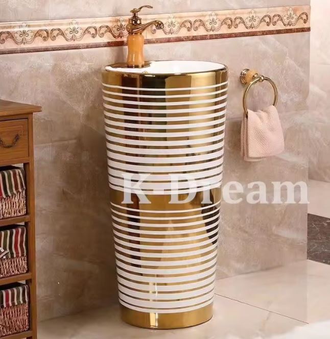 Stand Alone Porcelain Gold Basin Sink for Bathroom