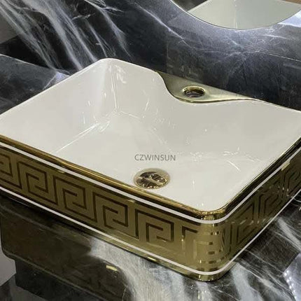 Two White Lining Accent Gold Versace Porcelain Luxury Countertop Basin