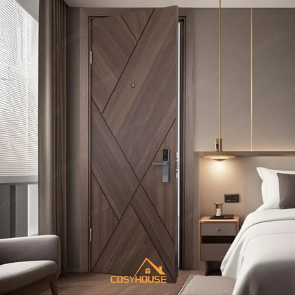 Modern bedroom with wooden door and Cosyhouse logo