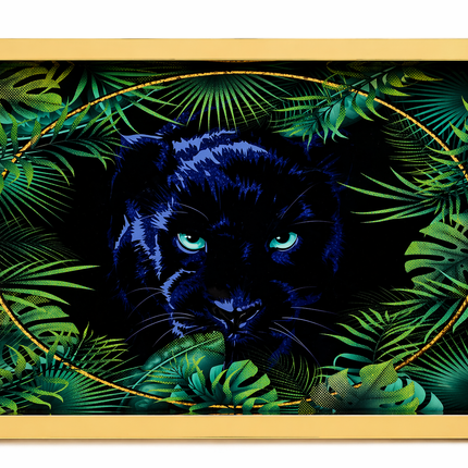 Luxury Gold Serving Tray with Panther Design – Decorative Glass Tray with Handles for Home & Coffee Table