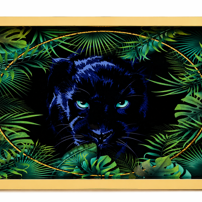 Luxury Gold Serving Tray with Panther Design – Decorative Glass Tray with Handles for Home & Coffee Table