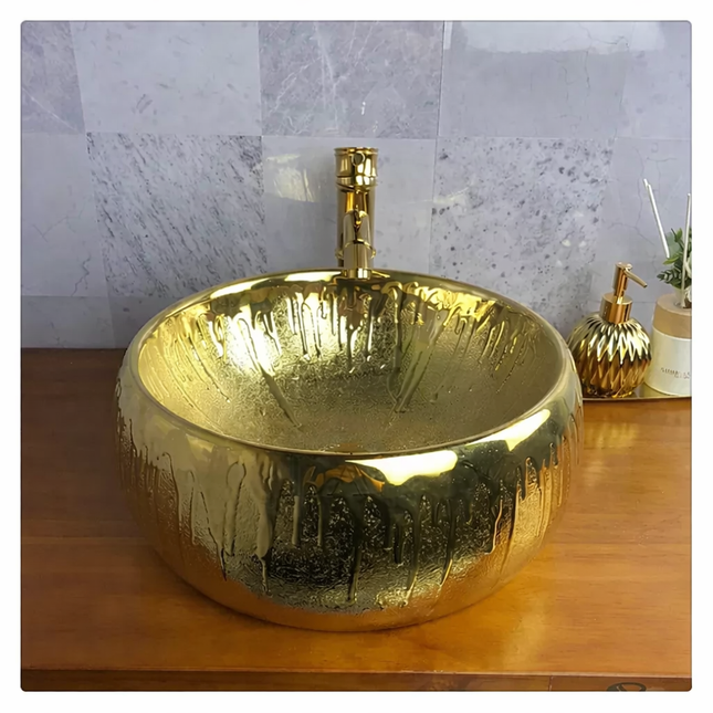 Gold Basin Tabletop Porcelain Electroplated Engraved Design hotel bathroom sinks High grade art basin wash hand Round sinks wash sink