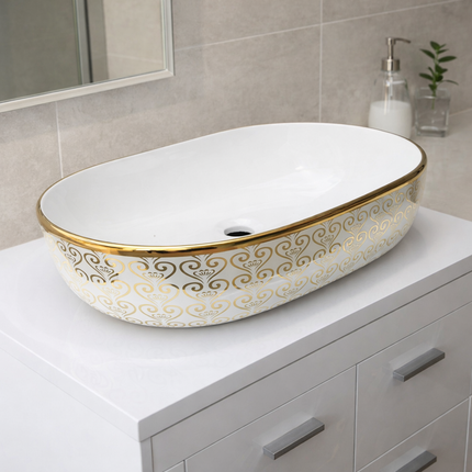Gold White Electroplated Porcelaine Tabletop Sink Bathroom Cabinet Countertop Basin Lavavo