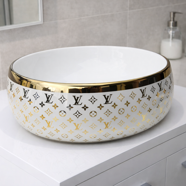 Pattern Basin Sink Gold White Electroplated Tabletop High Grade Porcelain Sink