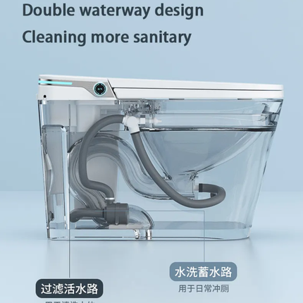 Clear water tank with double waterway design on a light blue background