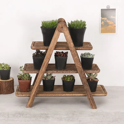 A rustic three-tier wooden A-frame plant stand holding multiple small potted succulents and cacti, set against a plain white wall with a framed print on the wall.