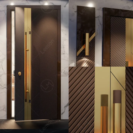 Modern door design with gold handle and textured surface on a marble wall background
