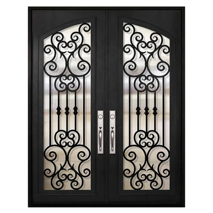 Decorative black metal door with intricate designs on a white background