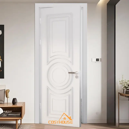 White door with decorative patterns in a modern interior setting, featuring the brand 'Cosyhouse'.