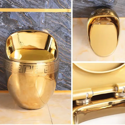 Gold toilet and seat on a marble background