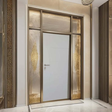 Decorative glass door with gold accents in a modern interior setting