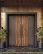 Custom size double solid wood entrance door with brown vertical grain finish and gold handles, set in a modern architectural facade
