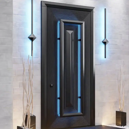 Modern black door with geometric design in a stylish interior setting