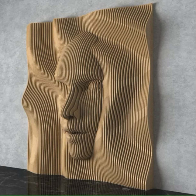 Wooden wall art with wavy patterns on a gray background
