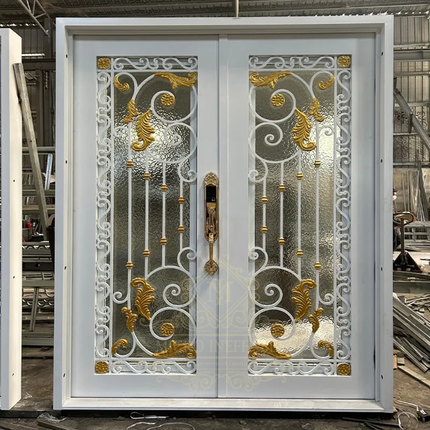 Decorative white door with gold intricate patterns in a workshop setting