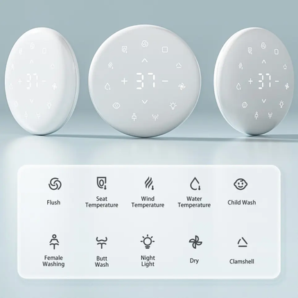 Three circular control panels with digital displays and icons on a light gray background.