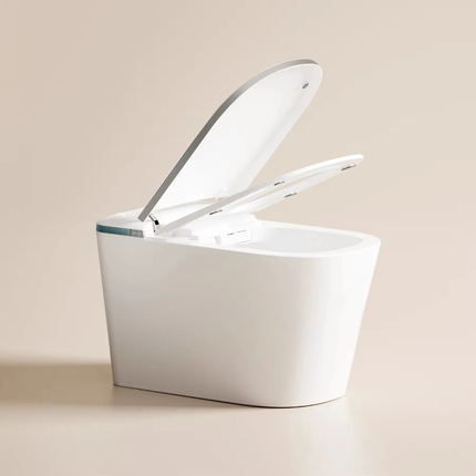White toilet with open lid on a beige background
