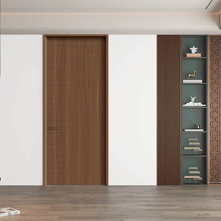 Wooden door in a modern interior setting with shelves and decor.